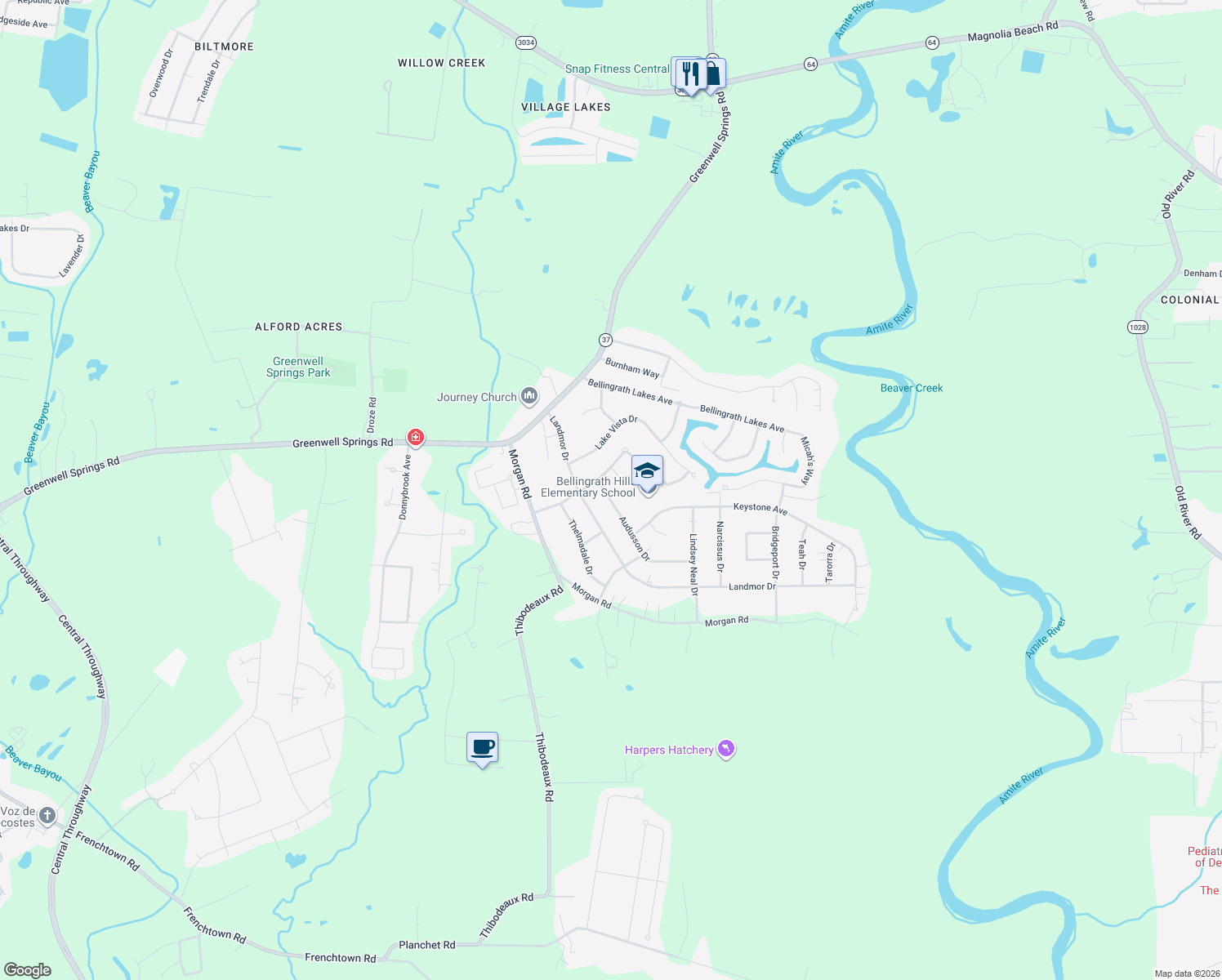 map of restaurants, bars, coffee shops, grocery stores, and more near 6752 Audusson Drive in Central