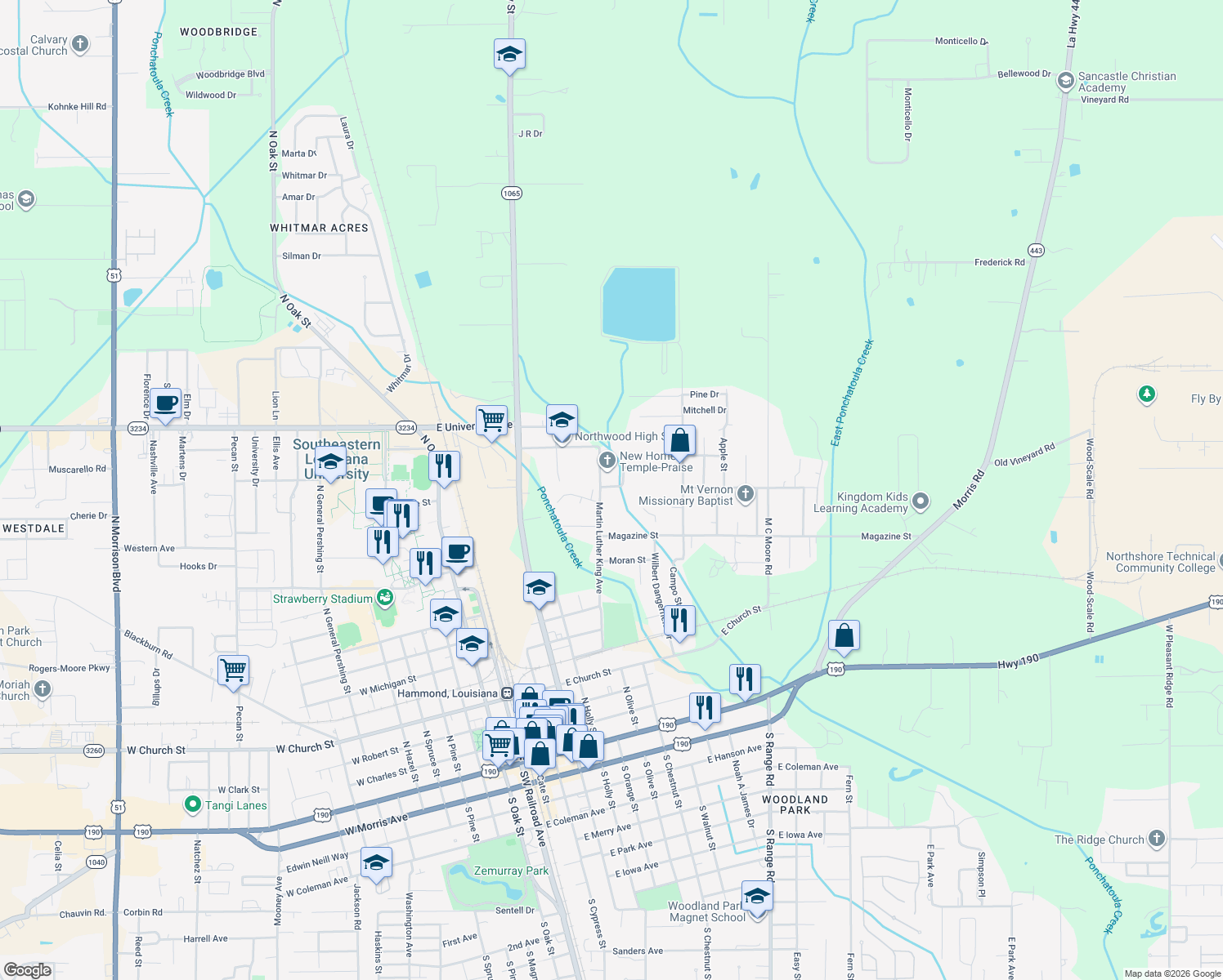 map of restaurants, bars, coffee shops, grocery stores, and more near 1100 Harvey Street in Hammond