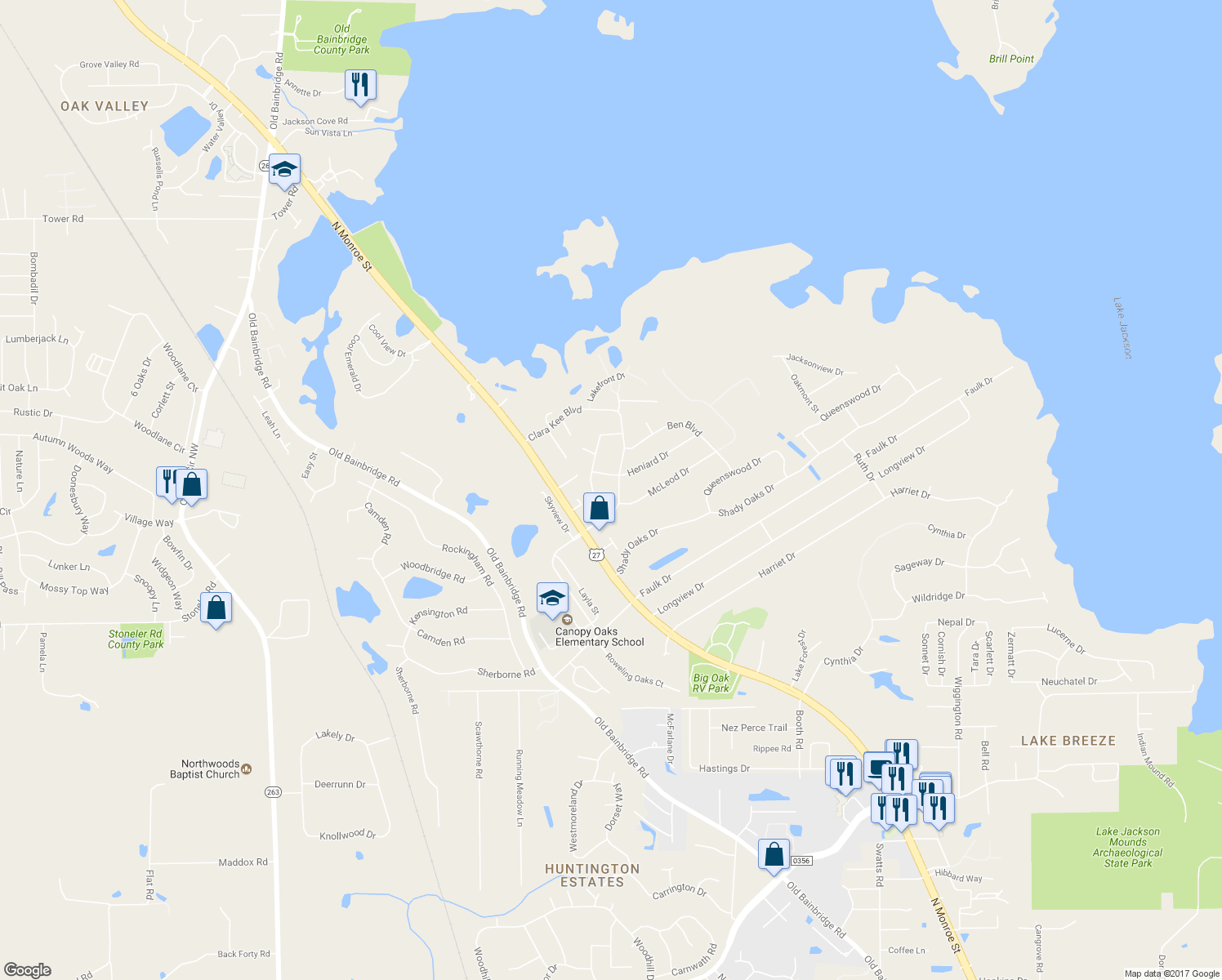 map of restaurants, bars, coffee shops, grocery stores, and more near 2304 Clara Kee Boulevard in Tallahassee