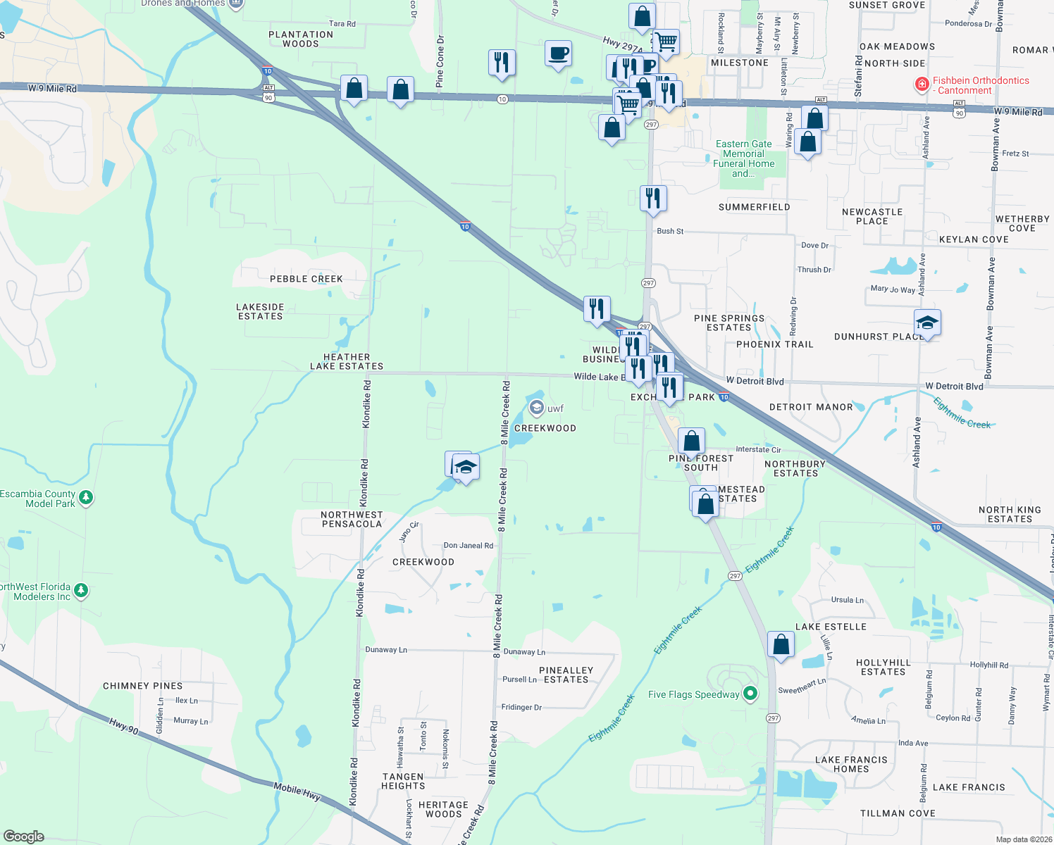 map of restaurants, bars, coffee shops, grocery stores, and more near 8300 Wilde Lake Road in Pensacola