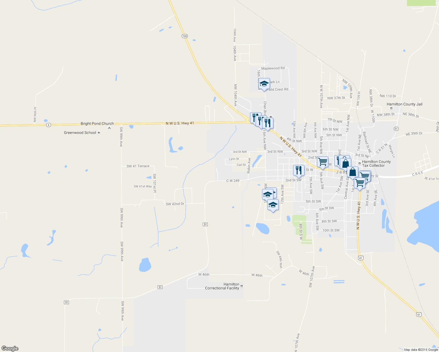 map of restaurants, bars, coffee shops, grocery stores, and more near 11966 Southwest Co Road 249 in Jasper