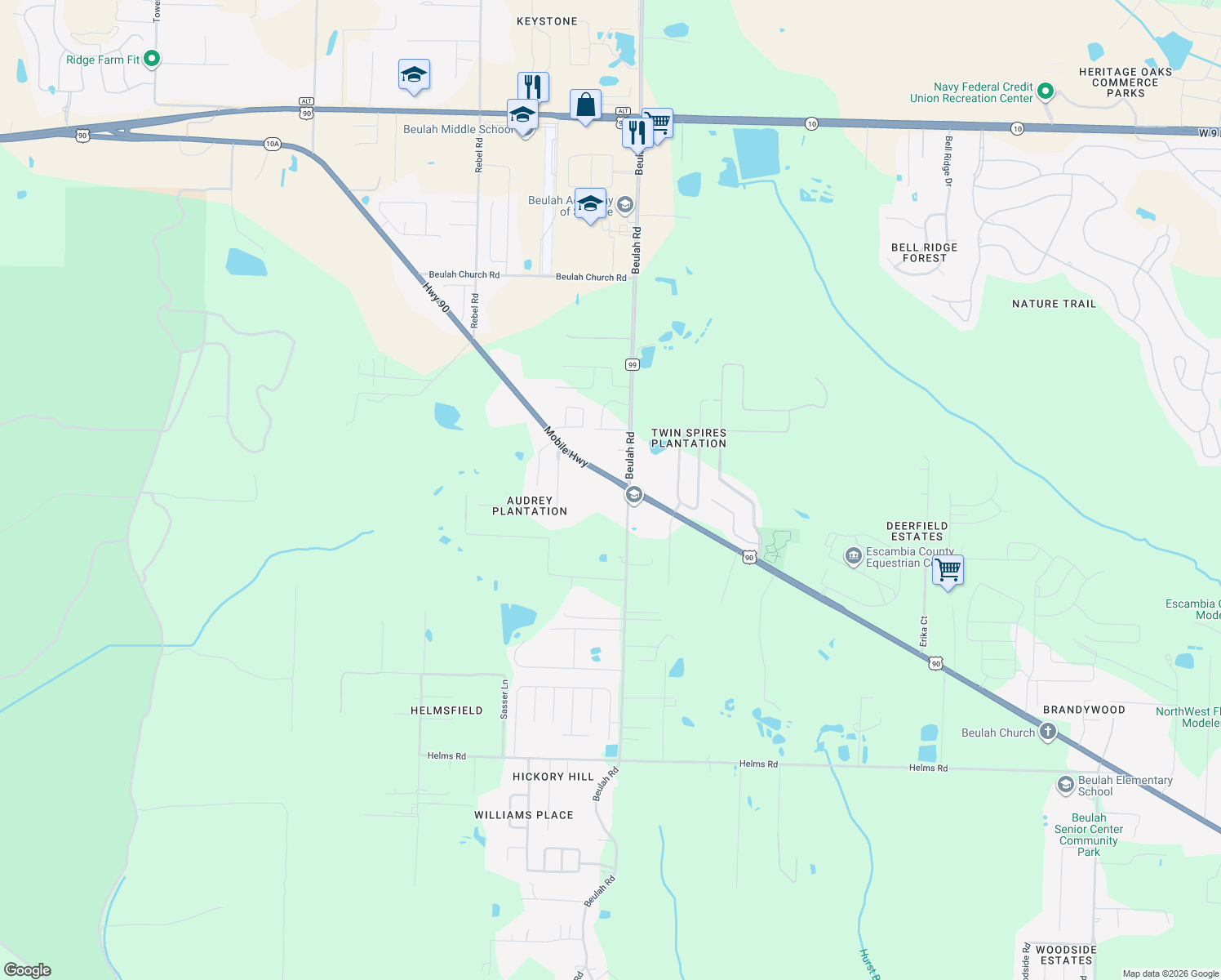 map of restaurants, bars, coffee shops, grocery stores, and more near 8011 Mobile Highway in Pensacola