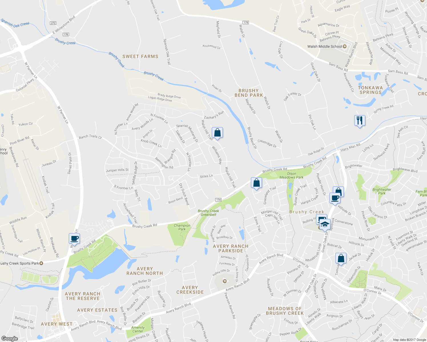 map of restaurants, bars, coffee shops, grocery stores, and more near 302 Apache Drive in Cedar Park