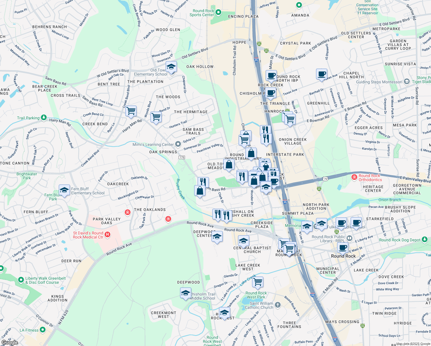 map of restaurants, bars, coffee shops, grocery stores, and more near 1407 Glenmeadows Drive in Round Rock
