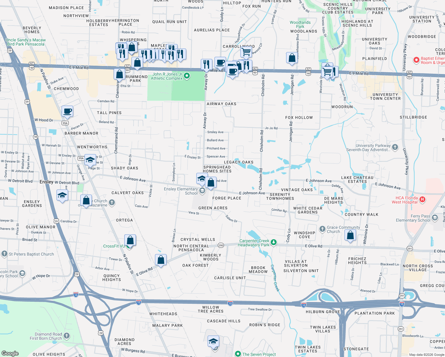 map of restaurants, bars, coffee shops, grocery stores, and more near 670 Cleveland Avenue in Pensacola