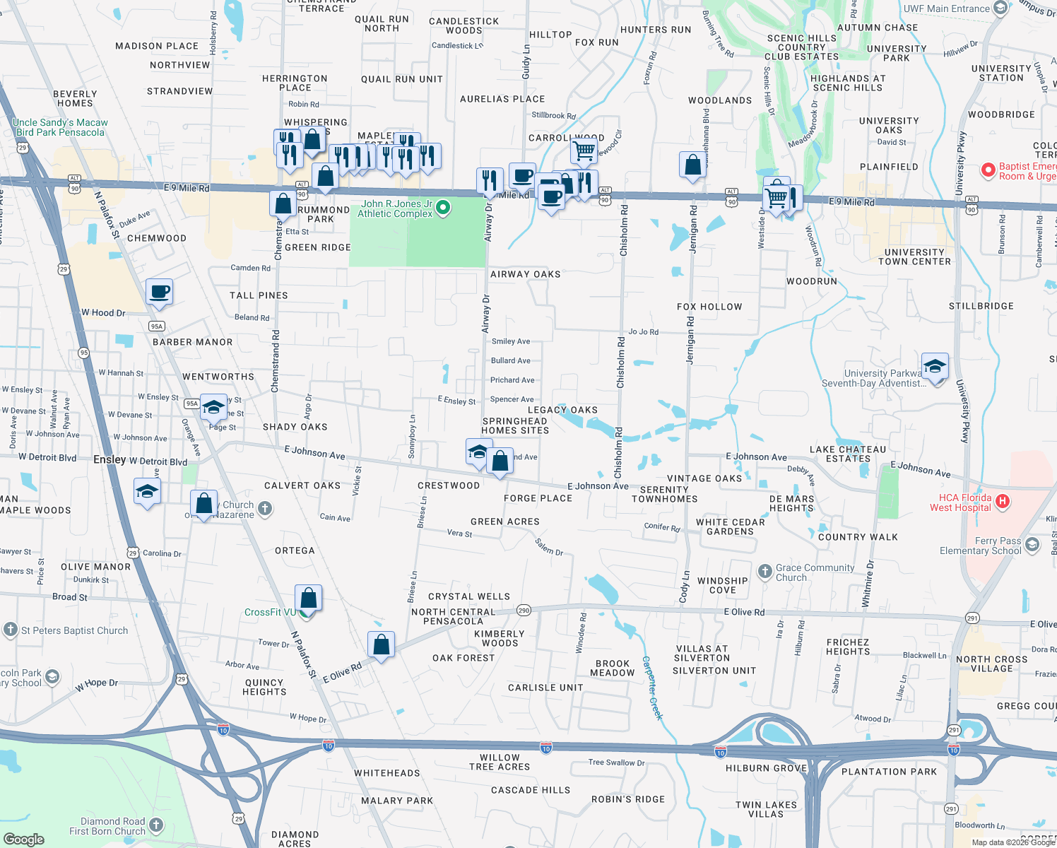 map of restaurants, bars, coffee shops, grocery stores, and more near 691 Beck Avenue in Pensacola