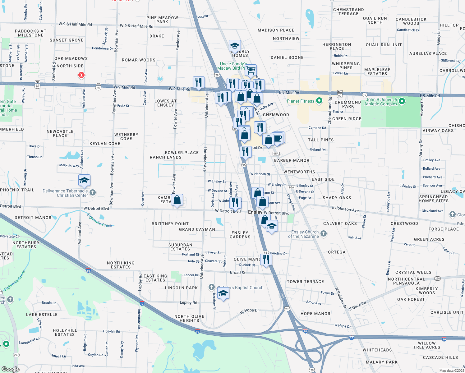 map of restaurants, bars, coffee shops, grocery stores, and more near 8610 Walnut Avenue in Pensacola