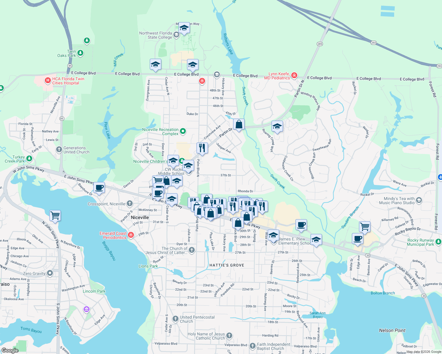 map of restaurants, bars, coffee shops, grocery stores, and more near 100 Alan A Dale Drive in Niceville