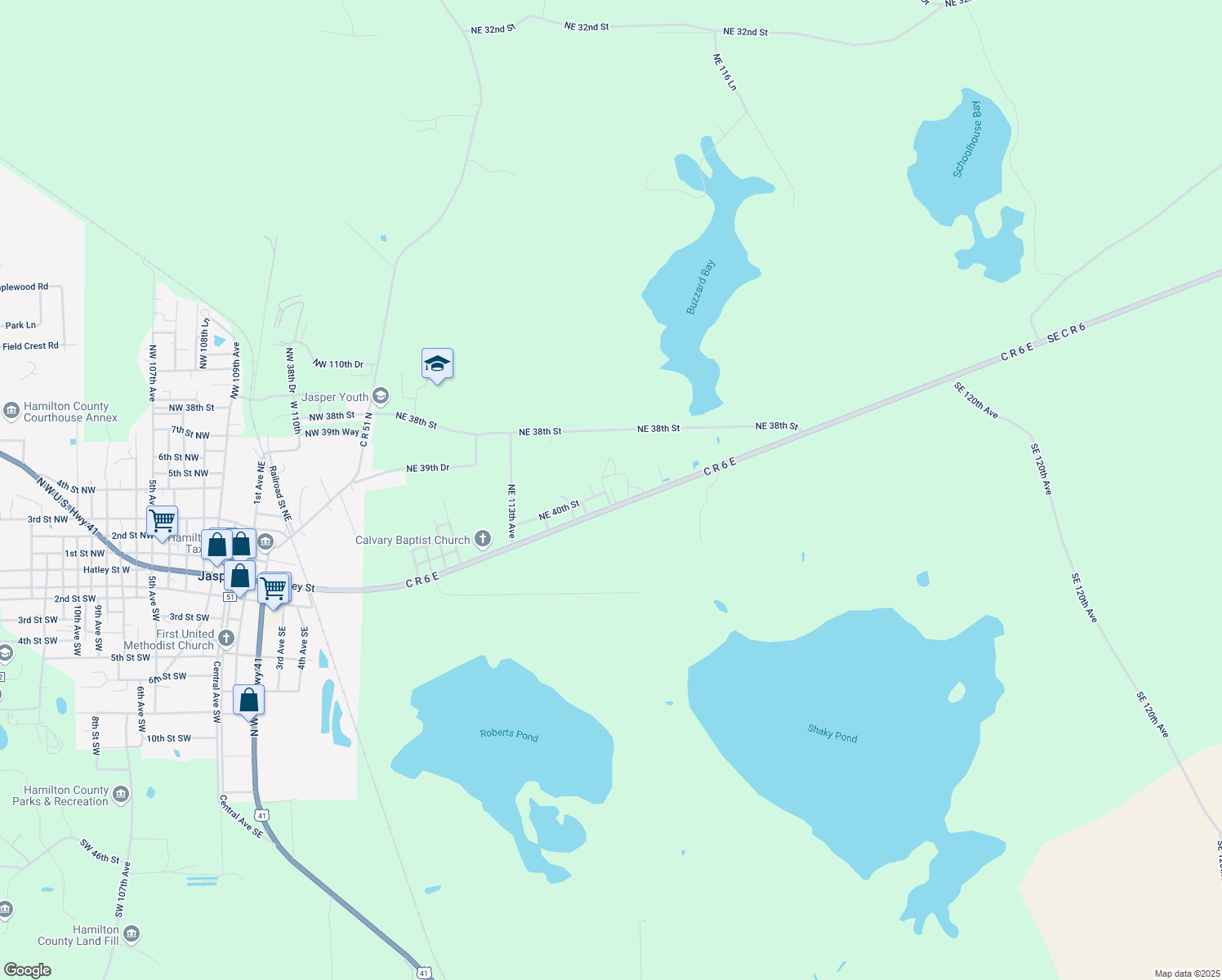 map of restaurants, bars, coffee shops, grocery stores, and more near 11534 County Road 6 in Jasper
