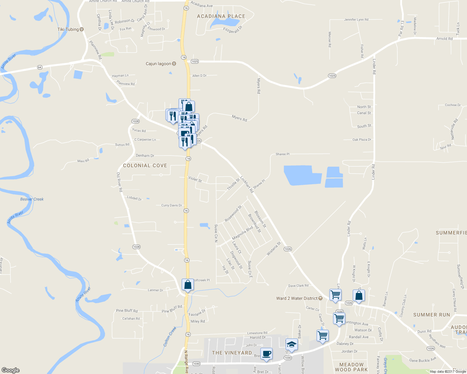 map of restaurants, bars, coffee shops, grocery stores, and more near 8286 Thistle Street in Denham Springs