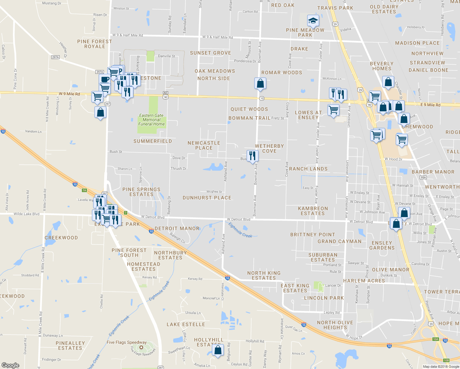 map of restaurants, bars, coffee shops, grocery stores, and more near 8590 Ashland Avenue in Pensacola