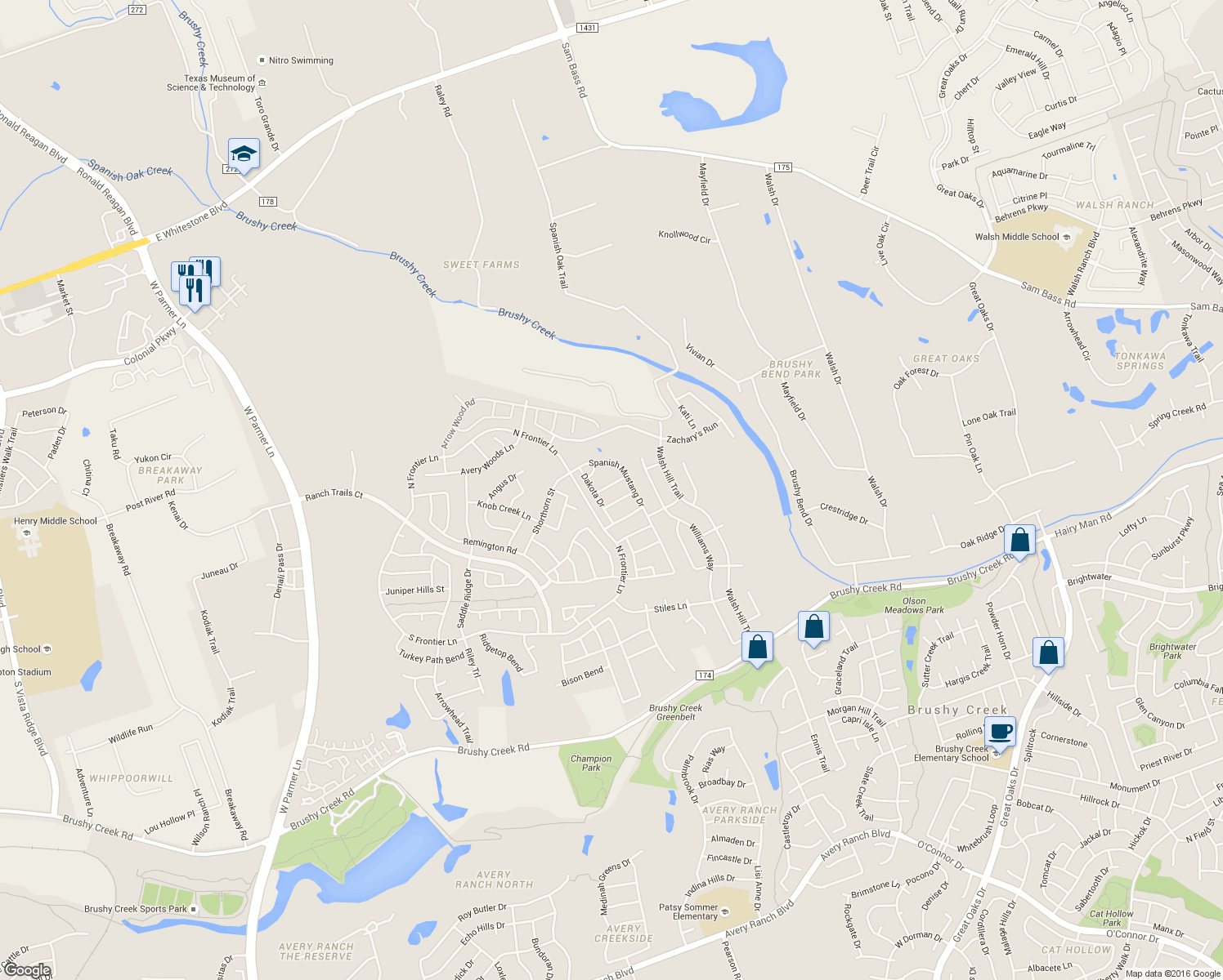 map of restaurants, bars, coffee shops, grocery stores, and more near 4206 Galiceno Lane in Cedar Park