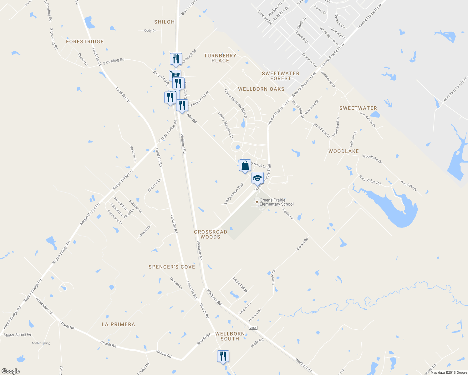 map of restaurants, bars, coffee shops, grocery stores, and more near 4396 Ledgestone Trail in College Station