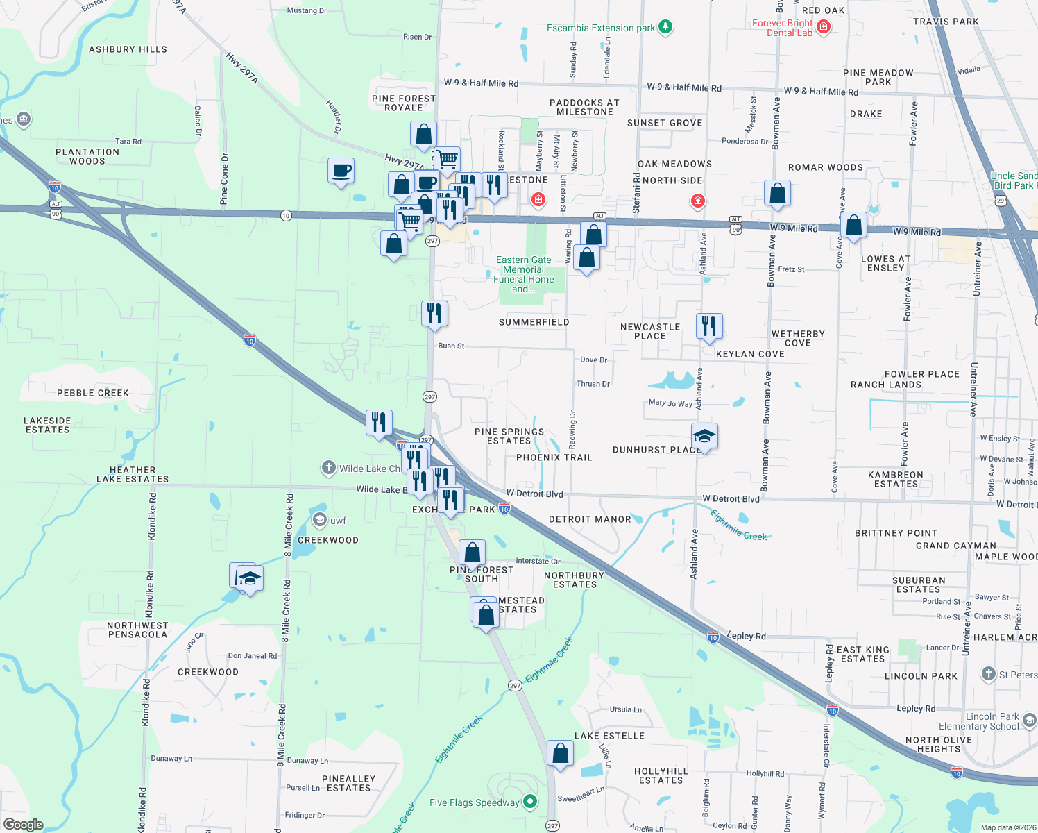 map of restaurants, bars, coffee shops, grocery stores, and more near 8633 Kingfisher Lane in Pensacola