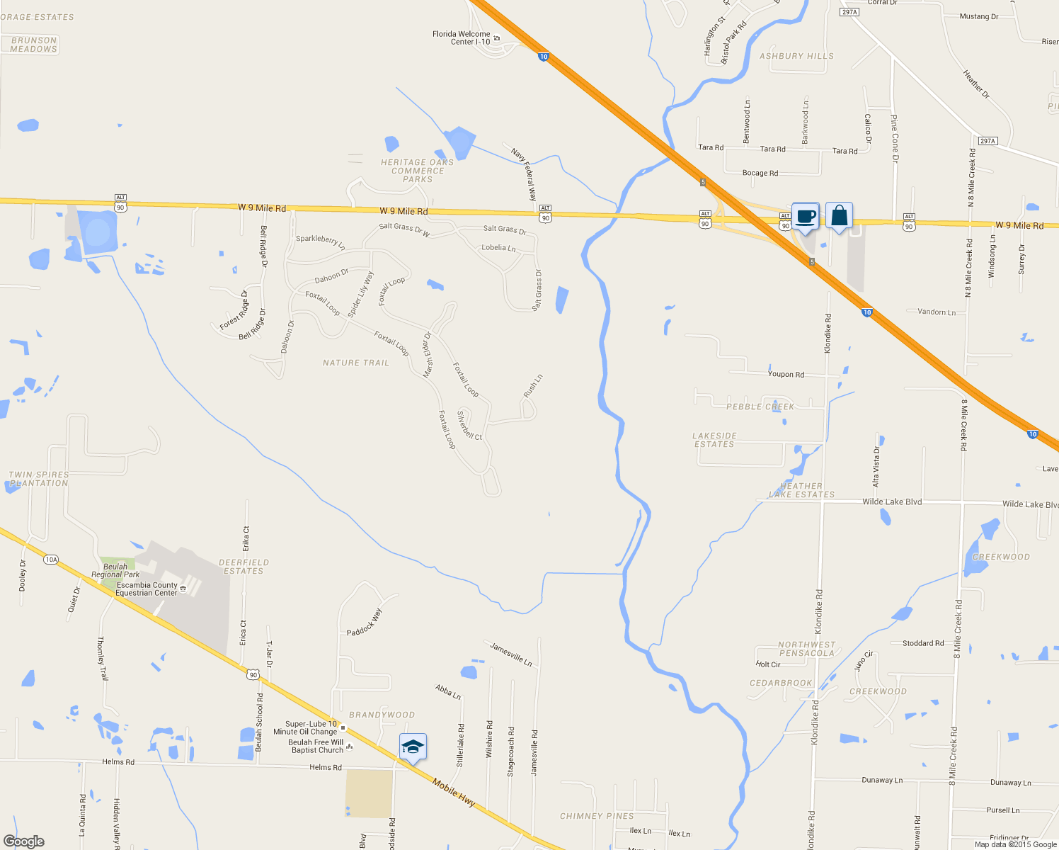 map of restaurants, bars, coffee shops, grocery stores, and more near 5551 Spoonflower Drive in Pensacola