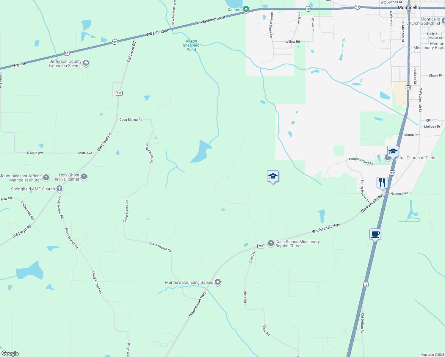 map of restaurants, bars, coffee shops, grocery stores, and more near 900 Ridge Road in Monticello