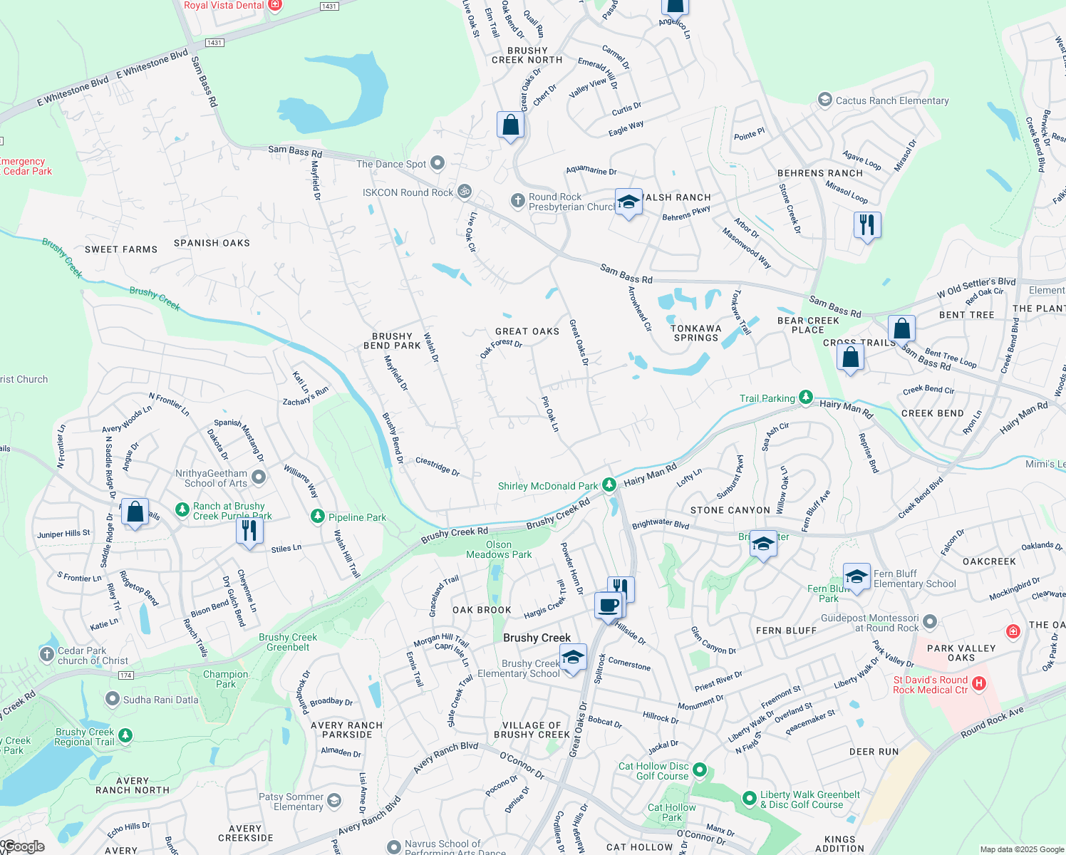 map of restaurants, bars, coffee shops, grocery stores, and more near 4007 Spanish Oak Drive in Round Rock