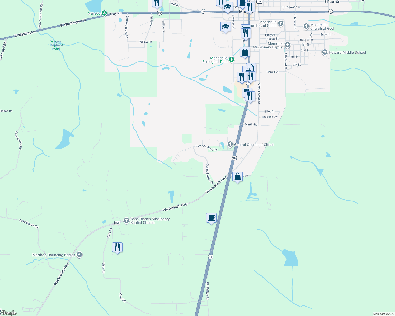 map of restaurants, bars, coffee shops, grocery stores, and more near 1515 Spring Hollow Drive in Monticello