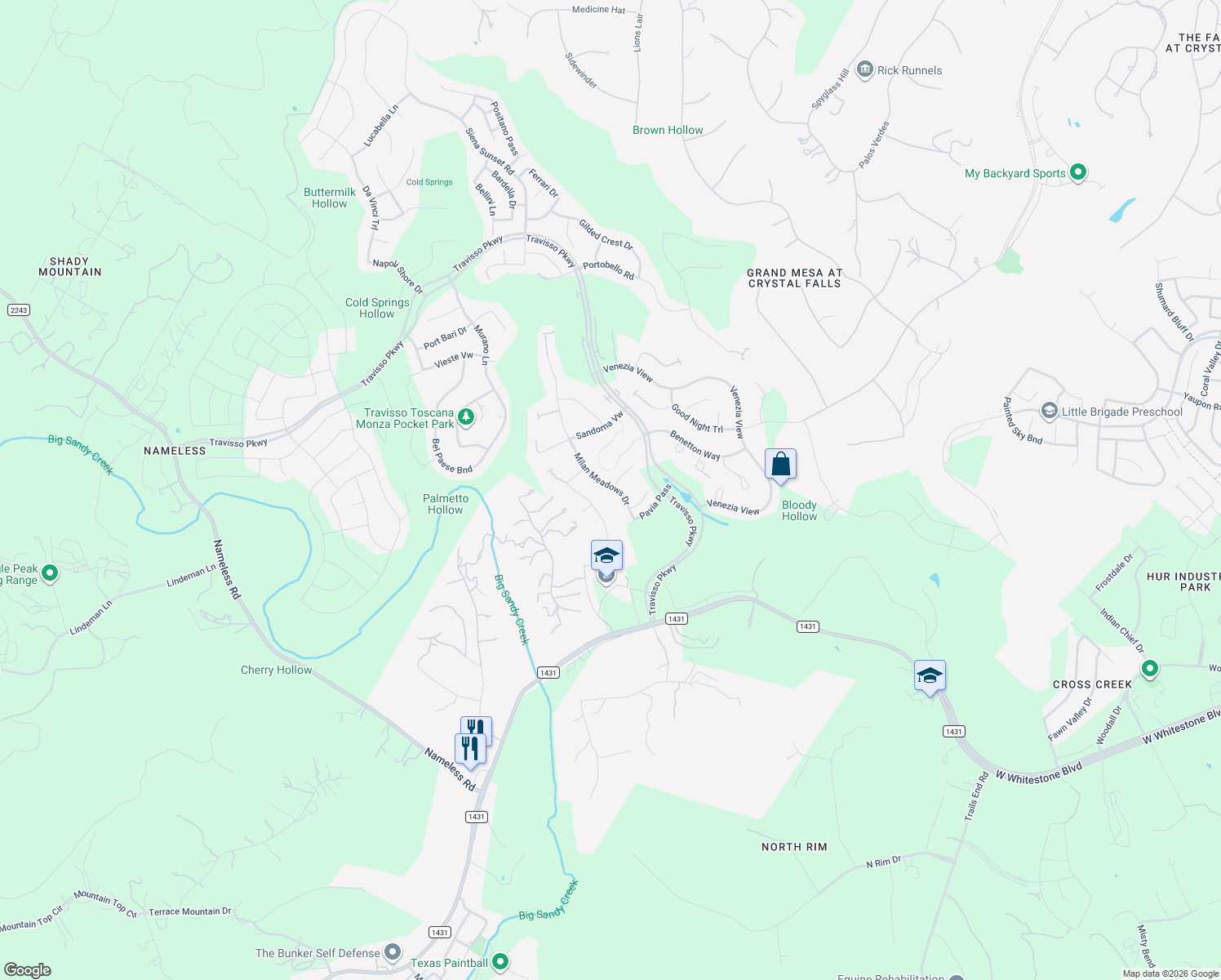 map of restaurants, bars, coffee shops, grocery stores, and more near 2533 Milan Meadows Drive in Leander