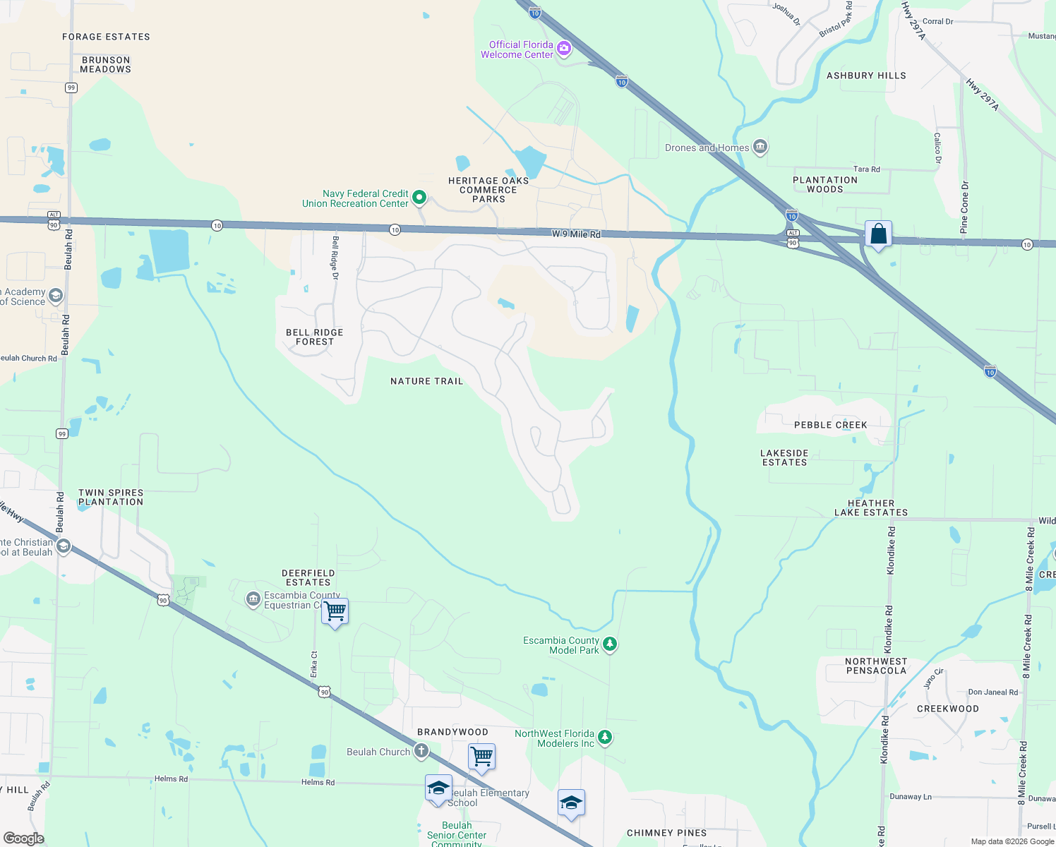 map of restaurants, bars, coffee shops, grocery stores, and more near 5561 Silverbell Court in Pensacola