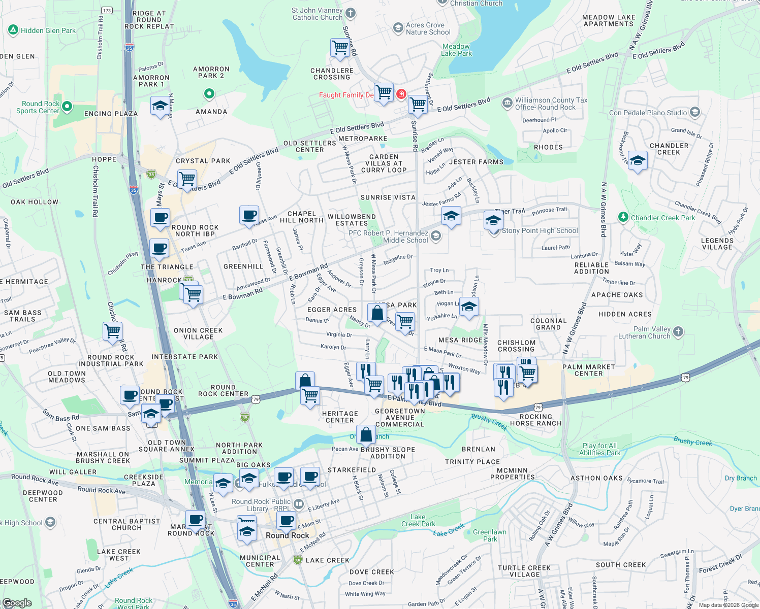 map of restaurants, bars, coffee shops, grocery stores, and more near 903 Wayne Drive in Round Rock