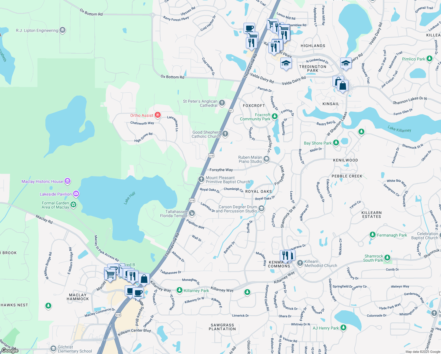 map of restaurants, bars, coffee shops, grocery stores, and more near 2630 John Smith Lane in Tallahassee