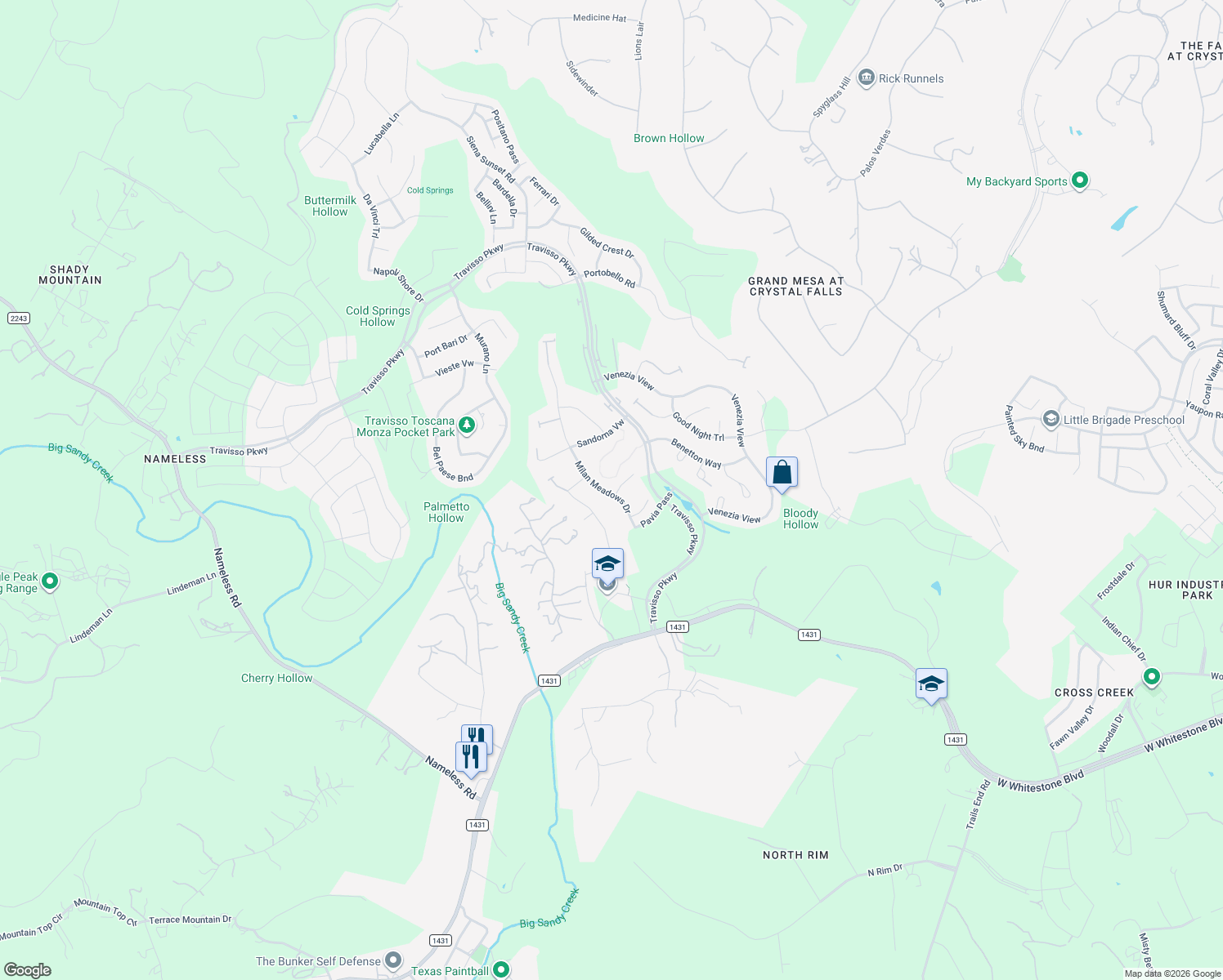 map of restaurants, bars, coffee shops, grocery stores, and more near 2533 Milan Meadows Drive in Leander