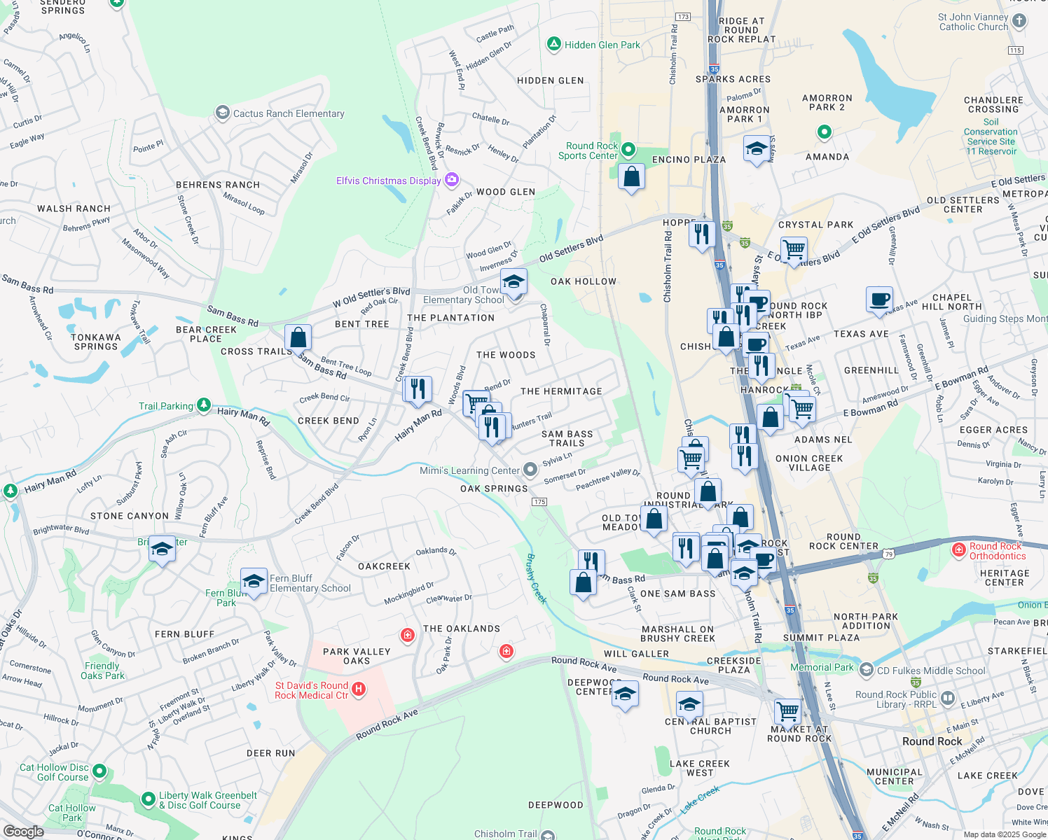 map of restaurants, bars, coffee shops, grocery stores, and more near 1802 Hunters Trail in Round Rock