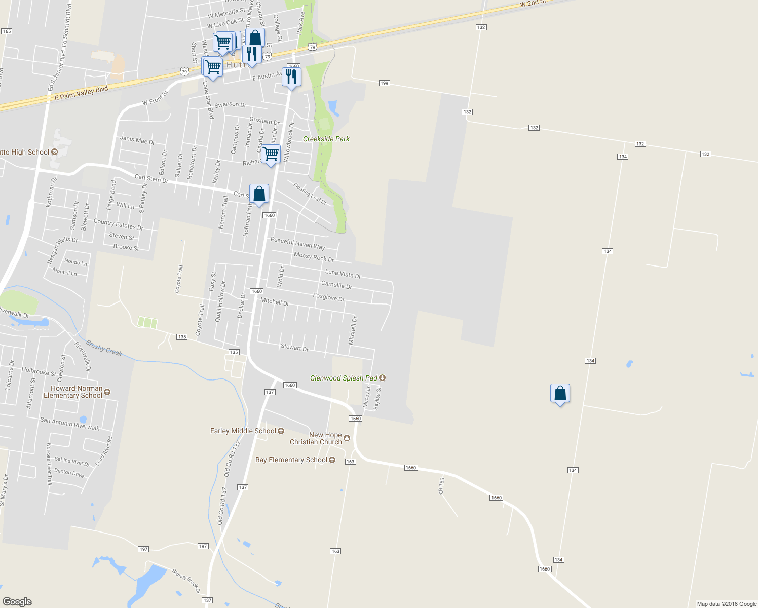 map of restaurants, bars, coffee shops, grocery stores, and more near 418 Foxglove Drive in Hutto