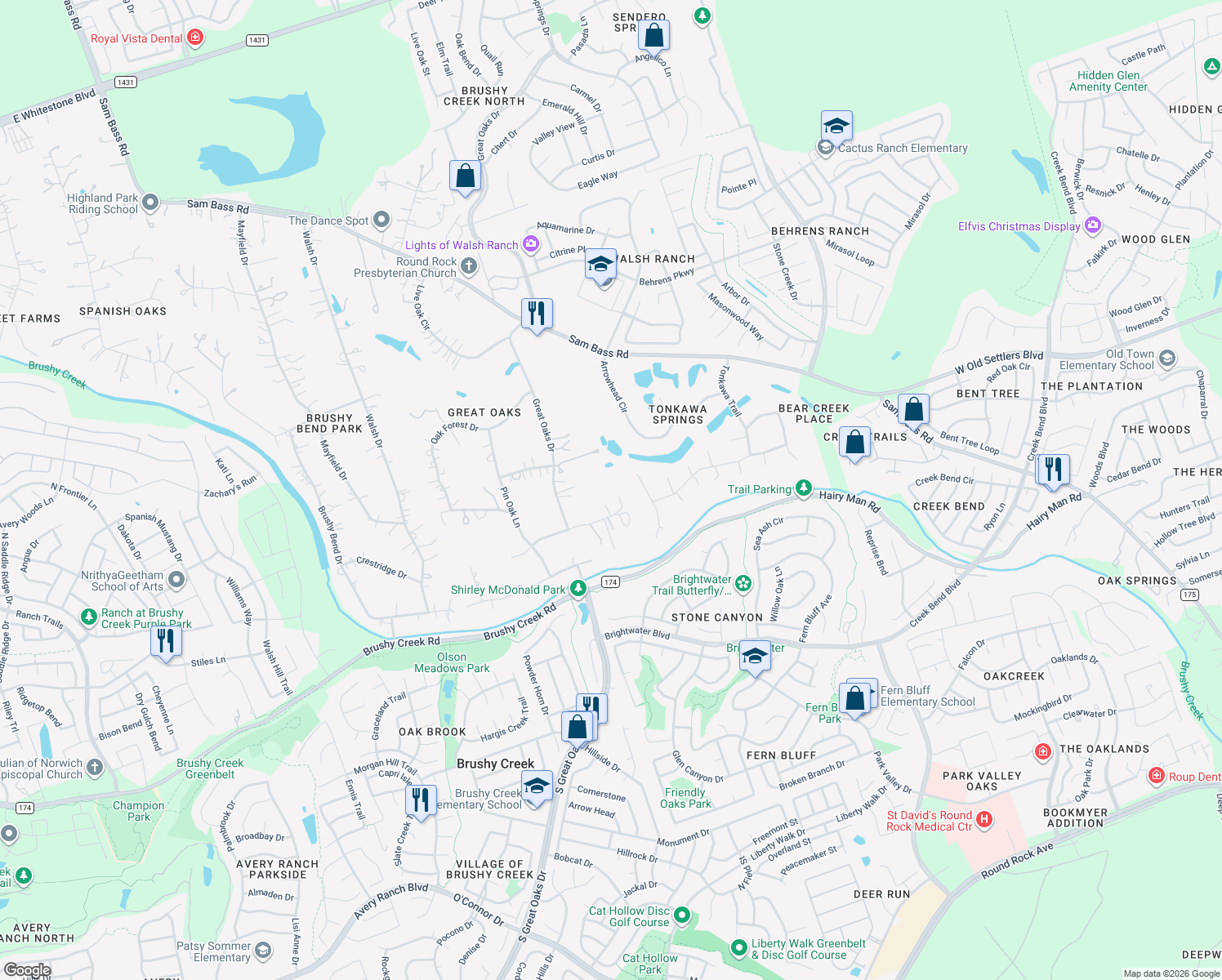 map of restaurants, bars, coffee shops, grocery stores, and more near 3602 Oak Meadow Drive in Round Rock