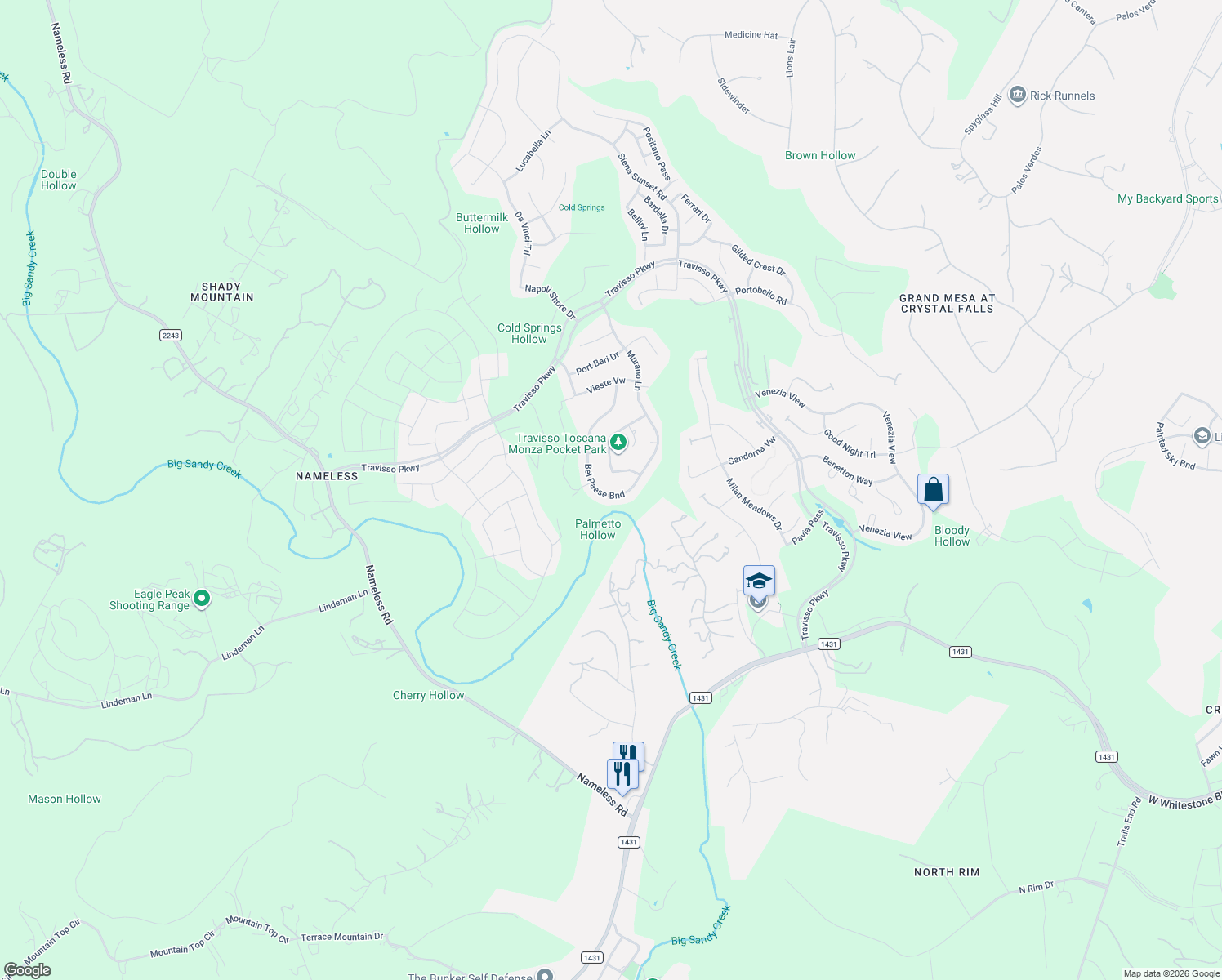map of restaurants, bars, coffee shops, grocery stores, and more near 2324 Bel Paese Bend in Leander