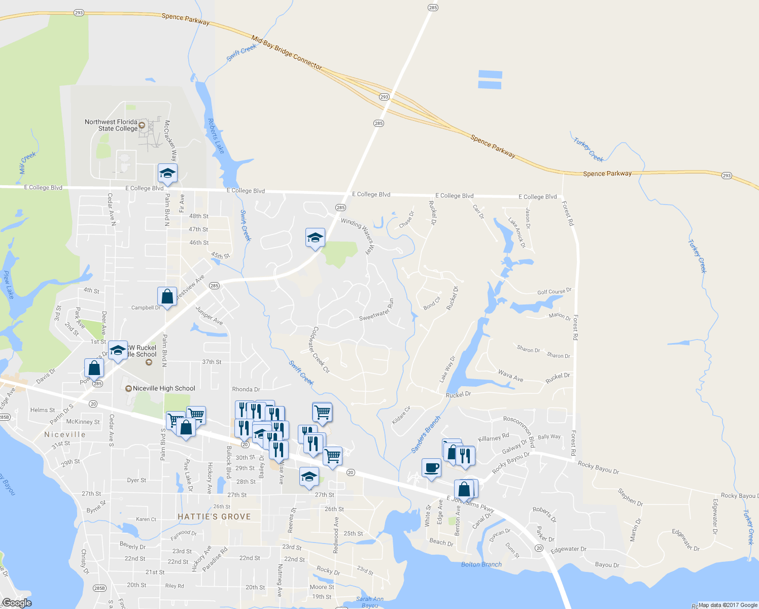 map of restaurants, bars, coffee shops, grocery stores, and more near 403 Silver Creek Cove in Niceville