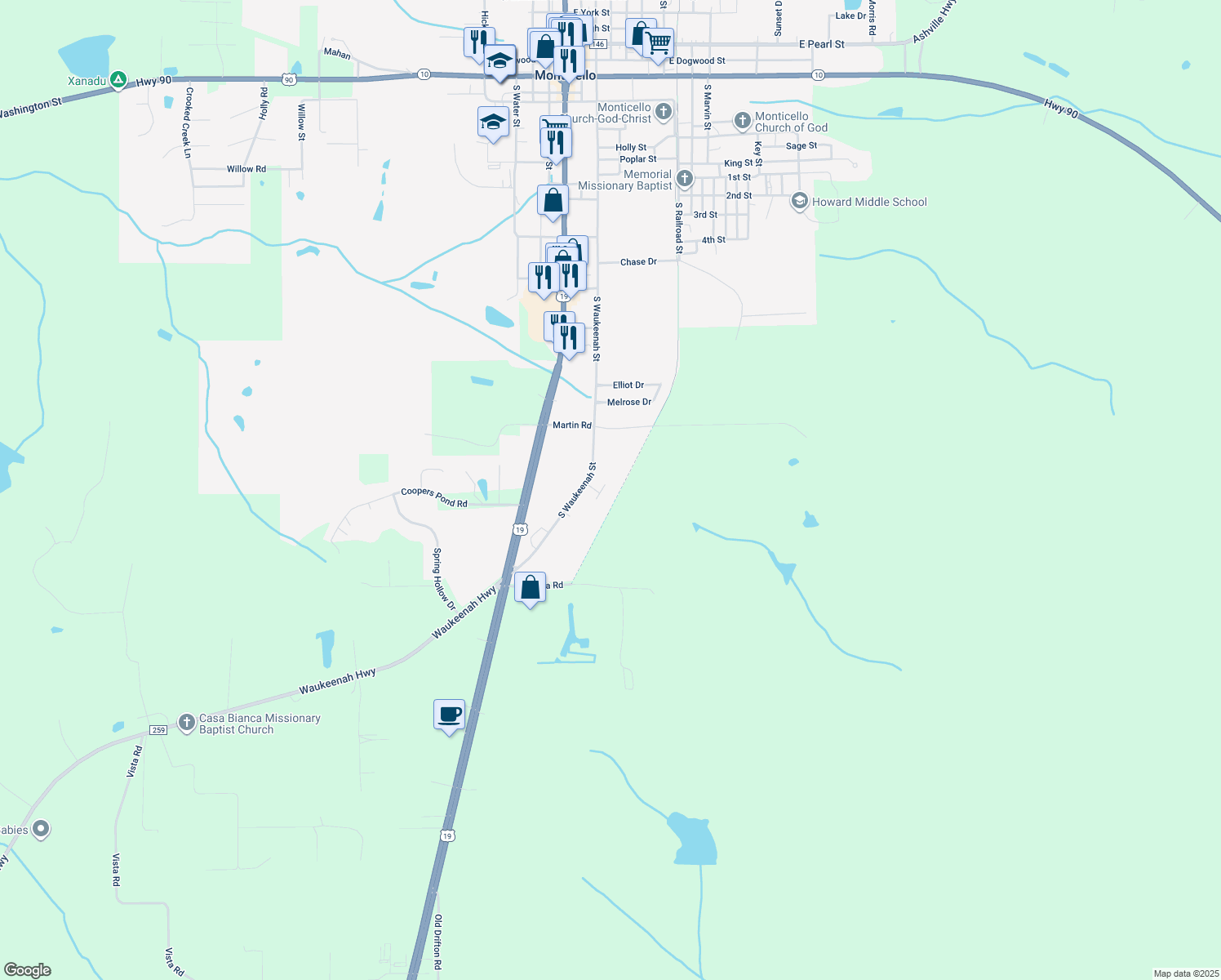 map of restaurants, bars, coffee shops, grocery stores, and more near 96 Wright Cut Road in Monticello