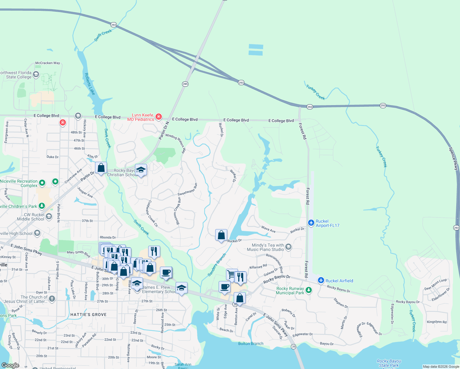map of restaurants, bars, coffee shops, grocery stores, and more near 741 Ruckel Drive in Niceville