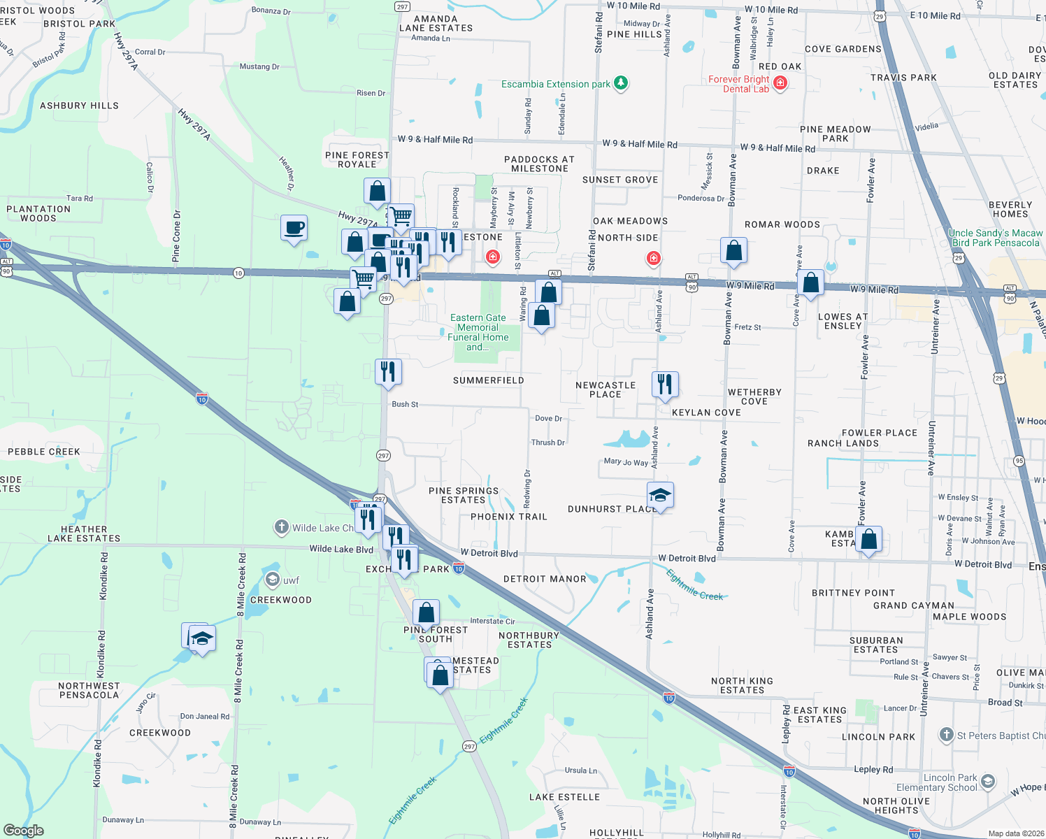 map of restaurants, bars, coffee shops, grocery stores, and more near 8781 Redwing Drive in Pensacola