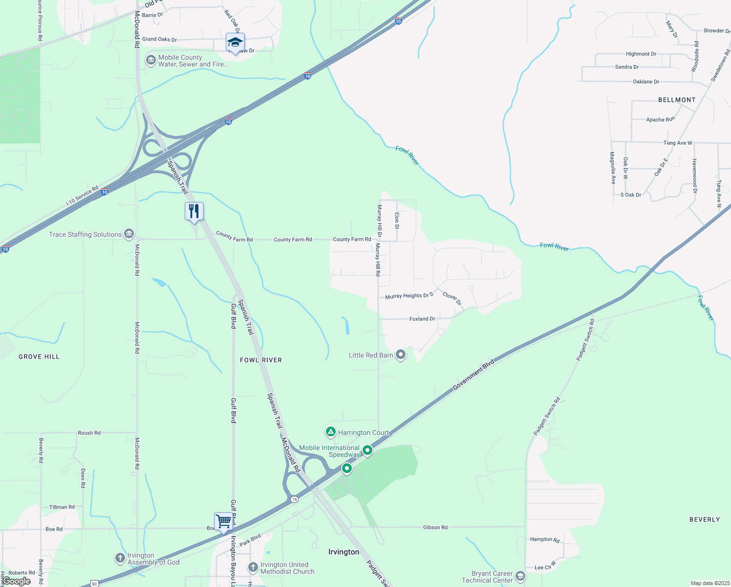 map of restaurants, bars, coffee shops, grocery stores, and more near 7900 Murray Hill Road in Irvington