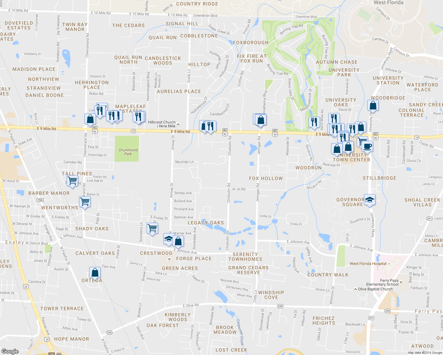 map of restaurants, bars, coffee shops, grocery stores, and more near 9029 Chisholm Road in Pensacola