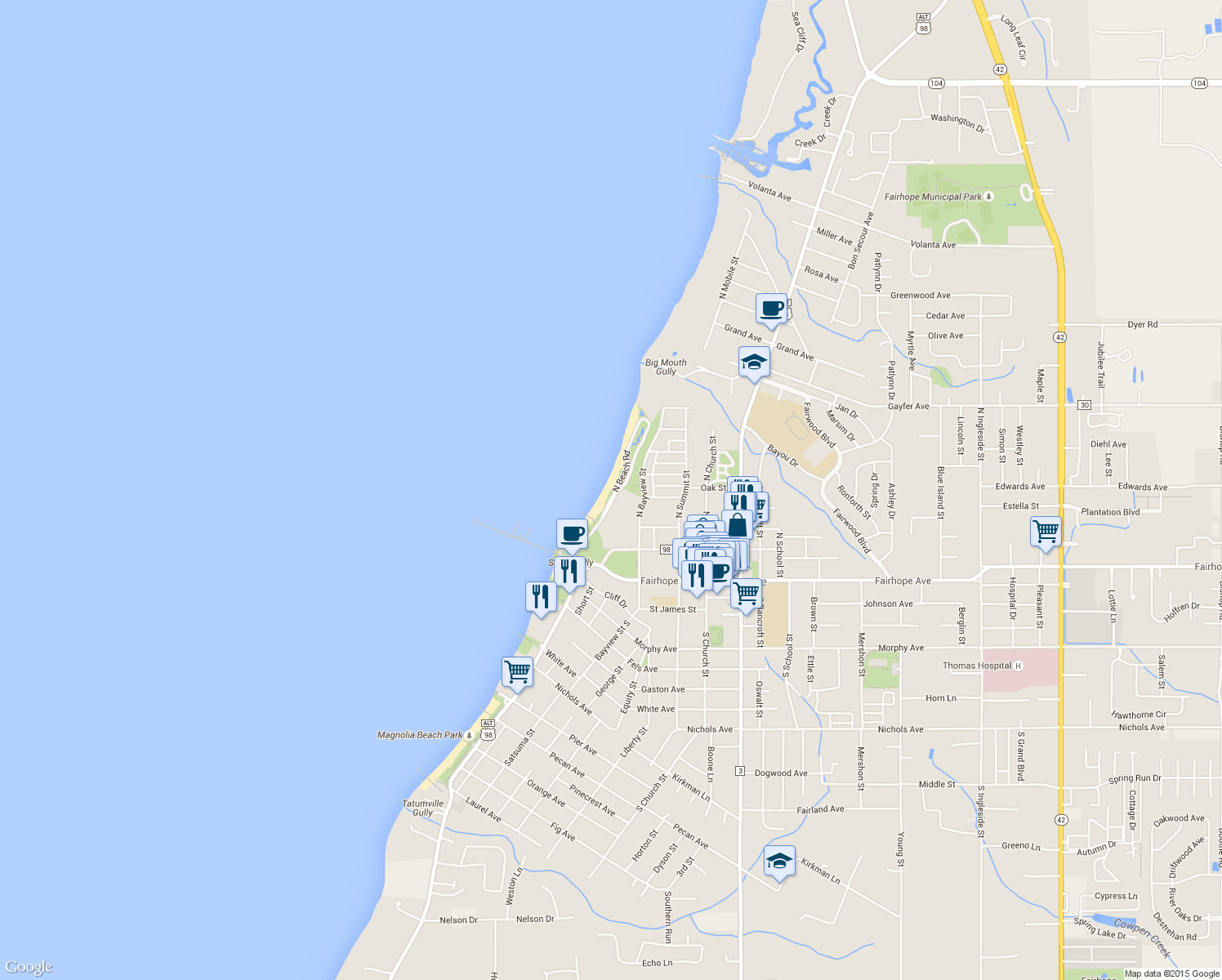 map of restaurants, bars, coffee shops, grocery stores, and more near Fairhope Park Road in Fairhope