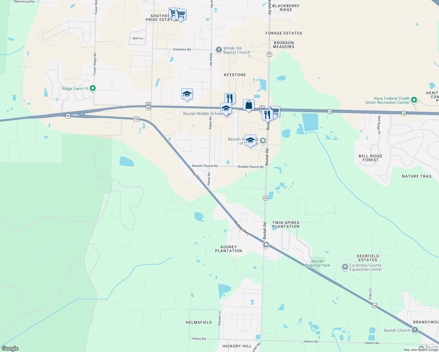 map of restaurants, bars, coffee shops, grocery stores, and more near 5985 Beulah Church Road in Pensacola