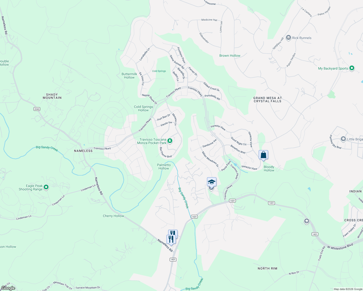 map of restaurants, bars, coffee shops, grocery stores, and more near 2224 San Polo Place in Leander