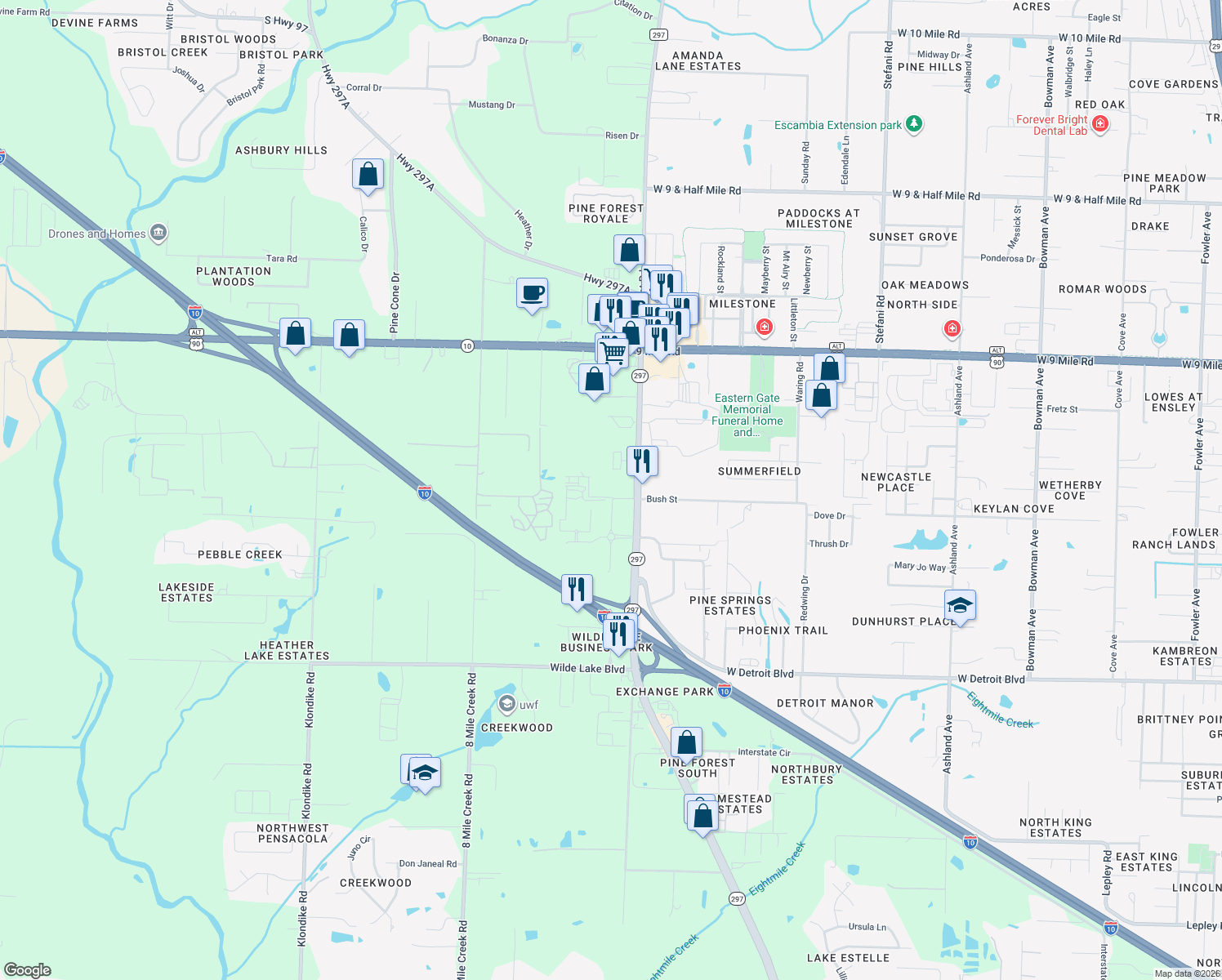map of restaurants, bars, coffee shops, grocery stores, and more near 8900 Pine Forest Road in Pensacola