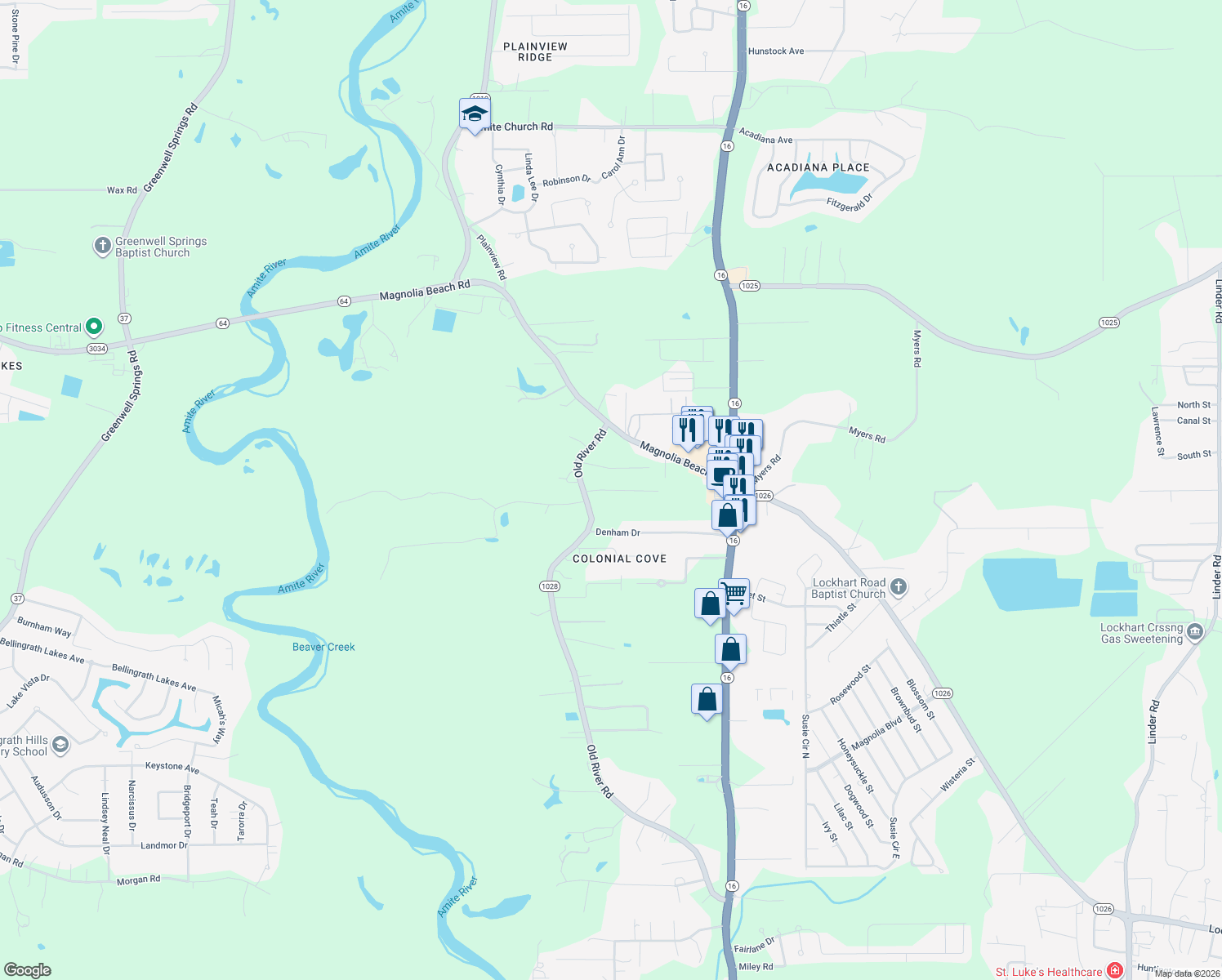 map of restaurants, bars, coffee shops, grocery stores, and more near 7573 C Carpenter Lane in Denham Springs