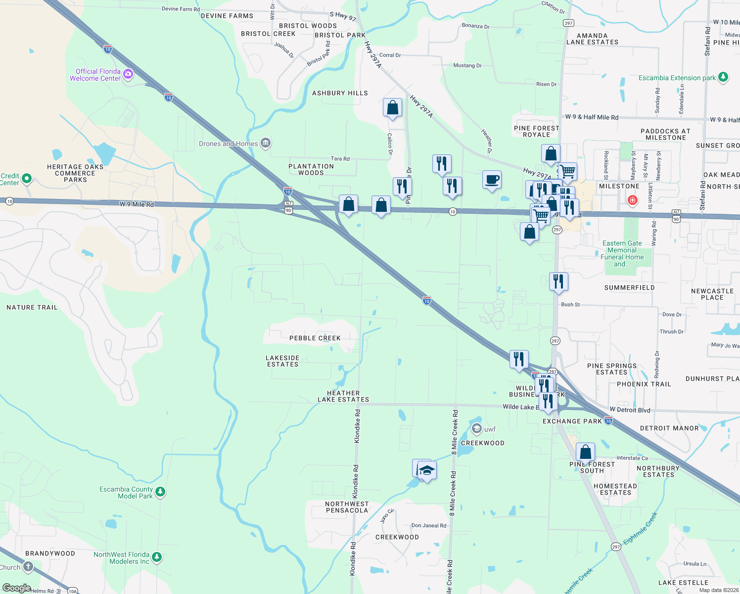 map of restaurants, bars, coffee shops, grocery stores, and more near 8900 Klondike Road in Pensacola