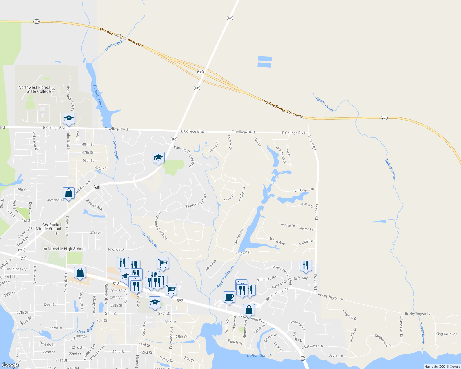 map of restaurants, bars, coffee shops, grocery stores, and more near 1181 Ruckel Drive in Niceville