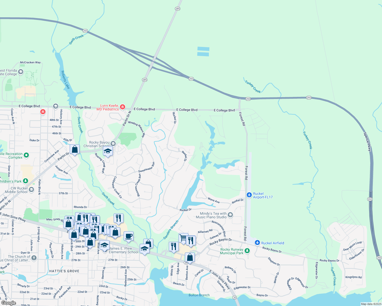 map of restaurants, bars, coffee shops, grocery stores, and more near 4156 Callaway Drive in Niceville