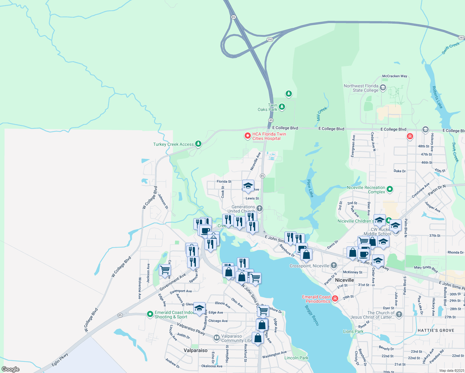 map of restaurants, bars, coffee shops, grocery stores, and more near 208 Nathey Street in Niceville