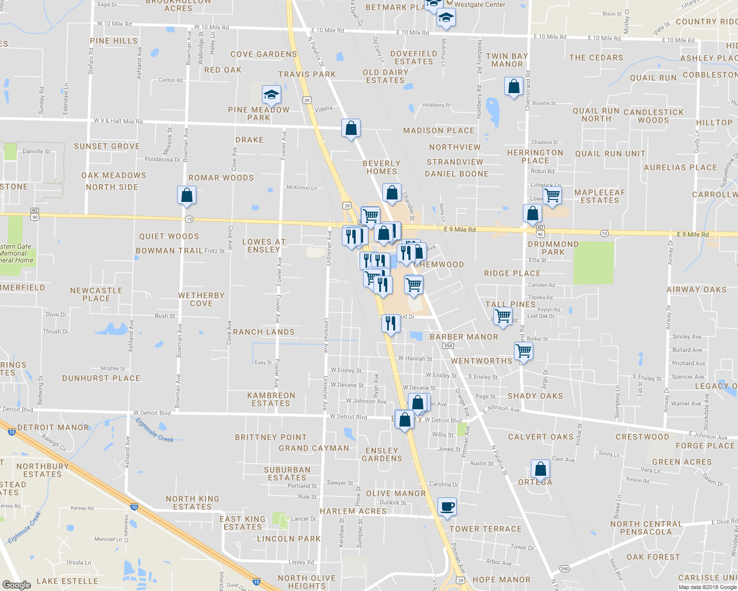 map of restaurants, bars, coffee shops, grocery stores, and more near 8959 Pensacola Blvd in Pensacola