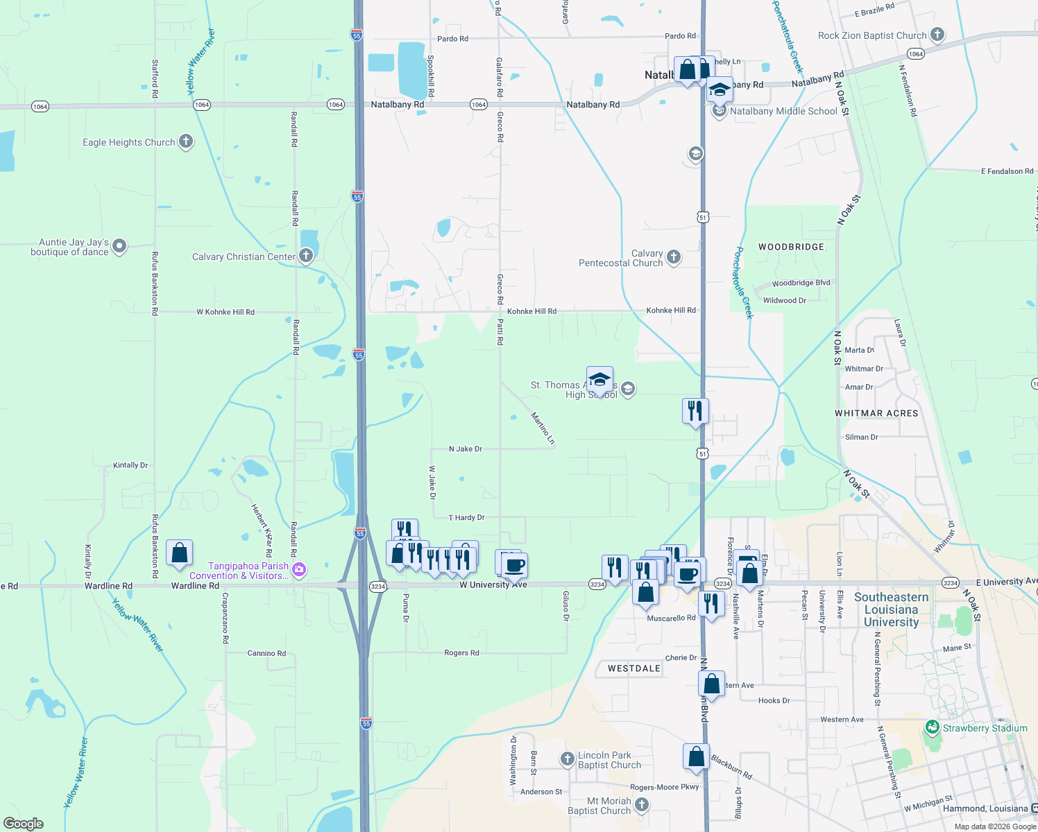map of restaurants, bars, coffee shops, grocery stores, and more near 46328 Patti Road in Hammond