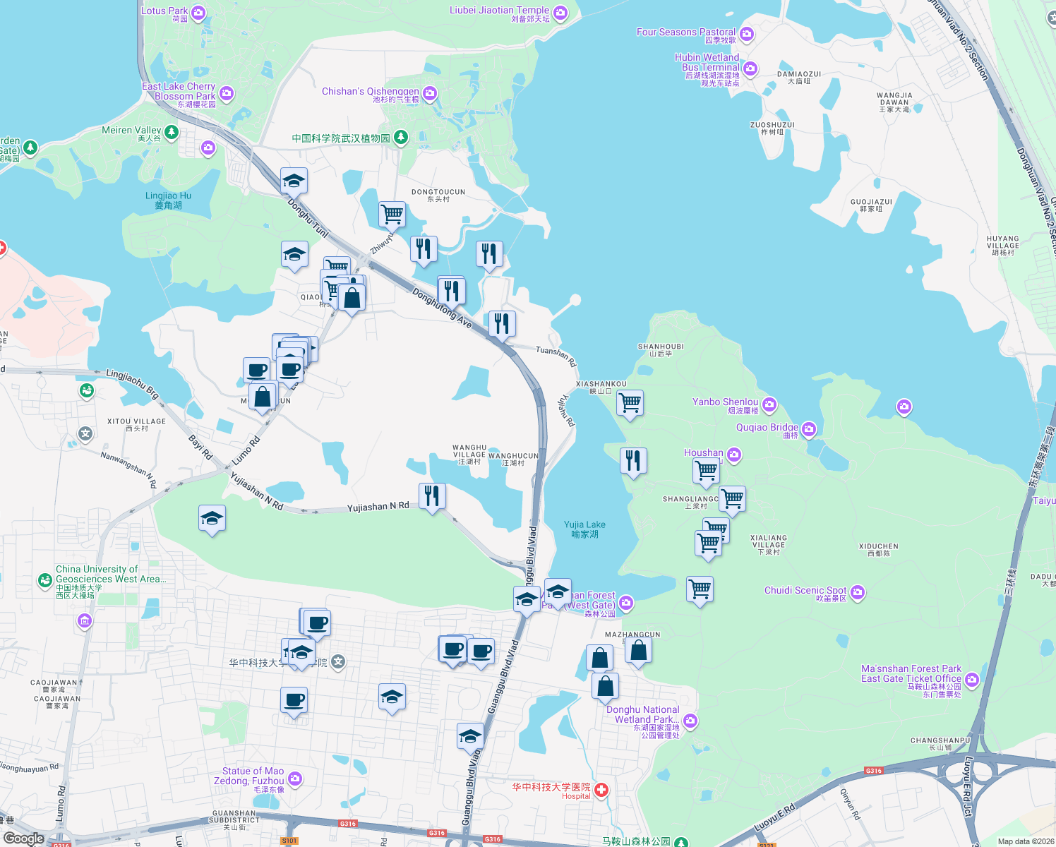 map of restaurants, bars, coffee shops, grocery stores, and more near in Wuhan