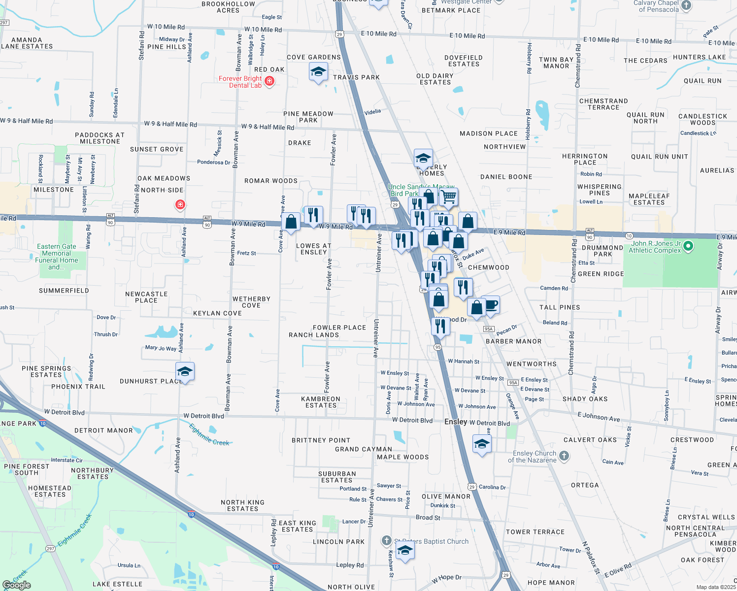 map of restaurants, bars, coffee shops, grocery stores, and more near 8965 Untreiner Avenue in Pensacola